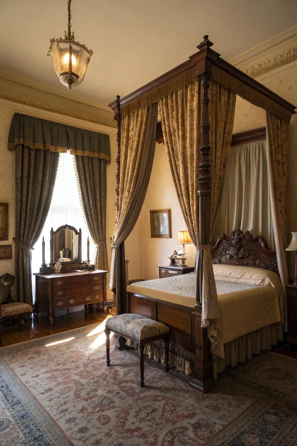 Heavy window treatments add drama and Victorian splendor to the room.