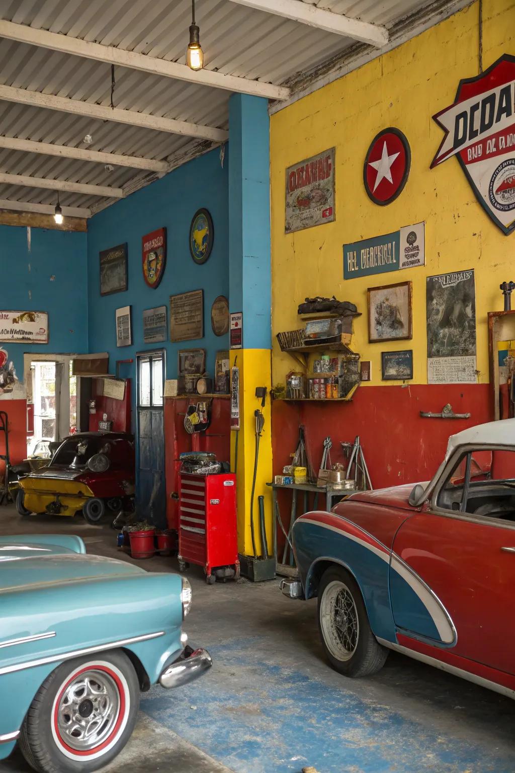 An eclectic shade palette adds vibrancy to a vintage garage.