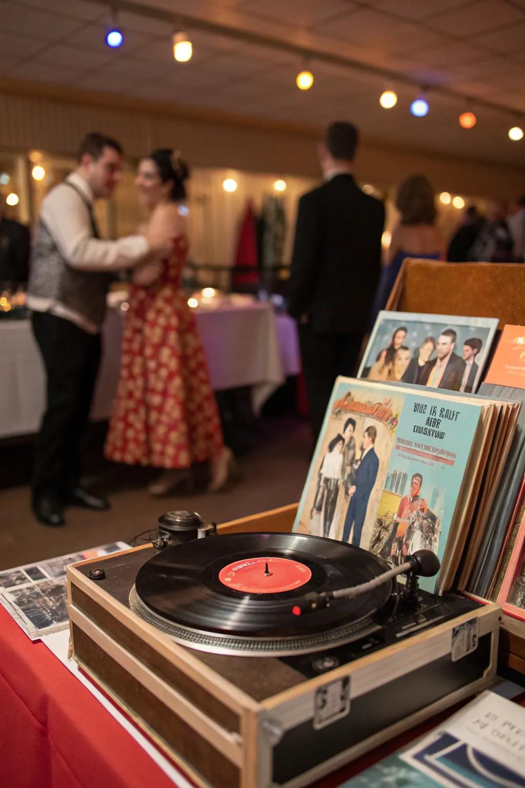 A nostalgic vinyl record station inspiring guests to dance.