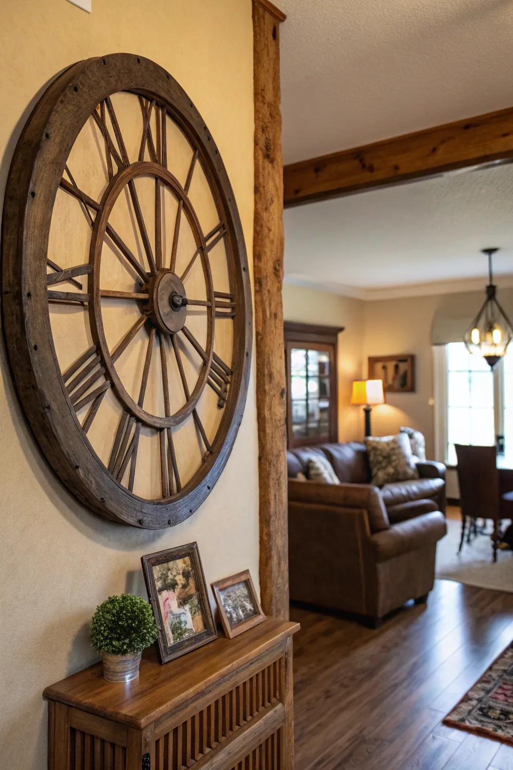 A cartwheel shifted into a heritage clock, functioning as a striking partition feature.