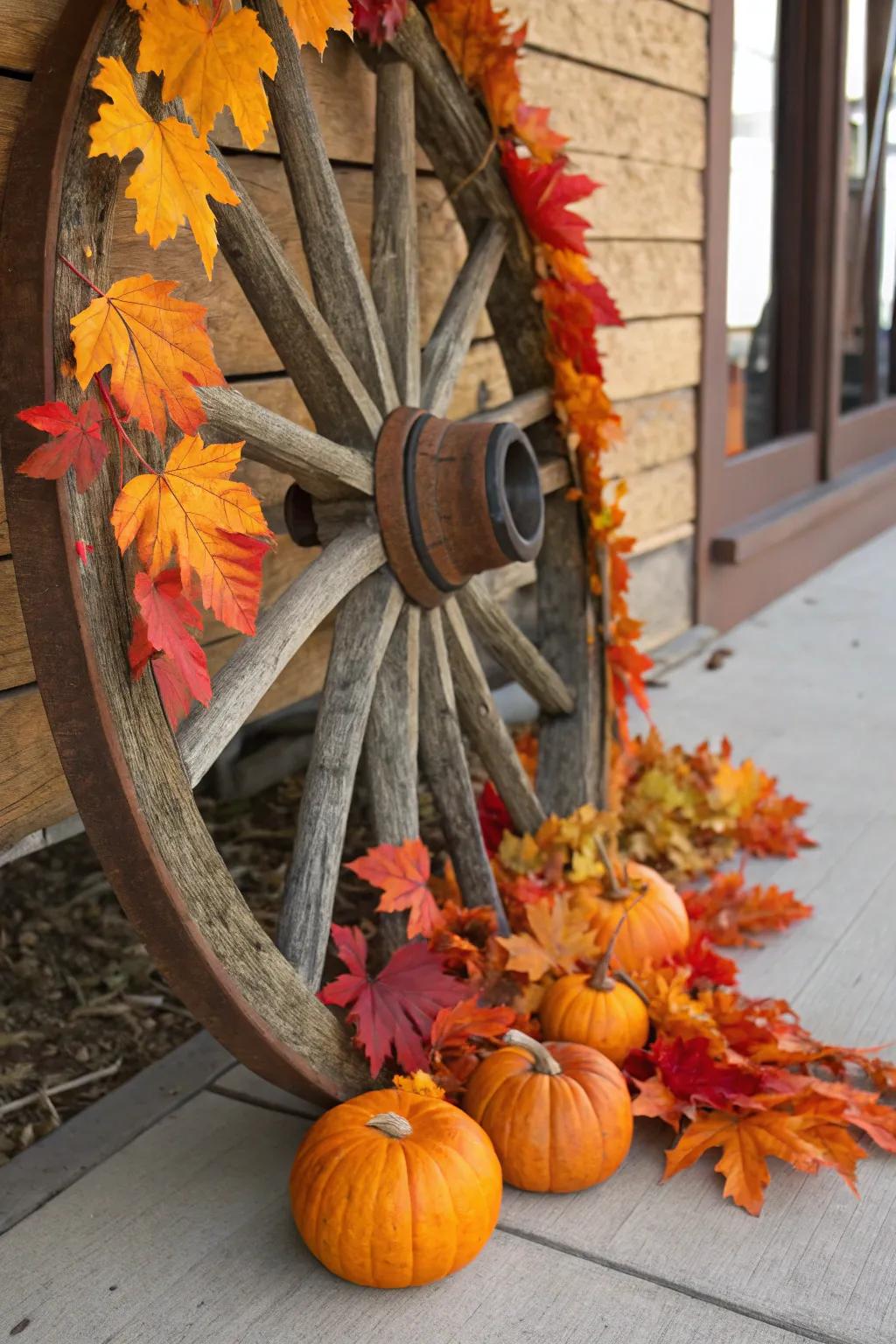 Festive touches transform a cart wheel into fall decor.