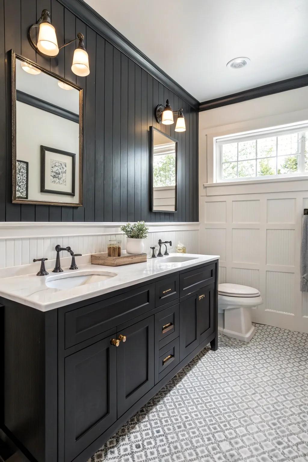 Dark paneling provides a striking contemporary contrast.