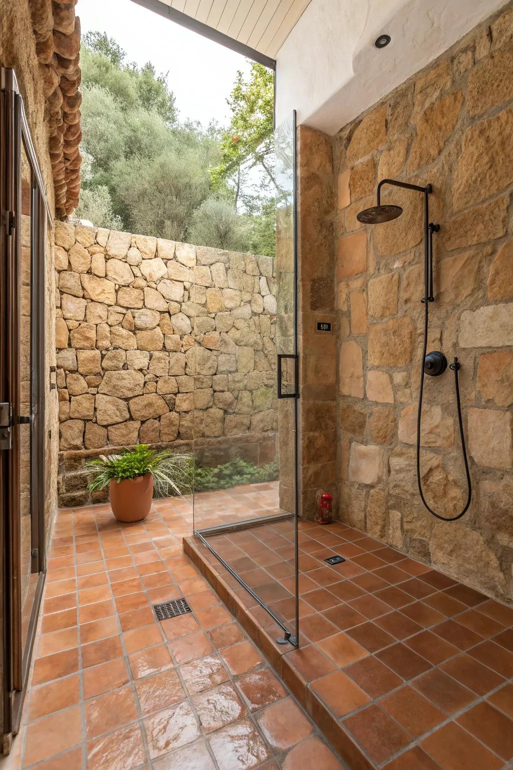 Shower featuring clay base tiles and stone walls.
