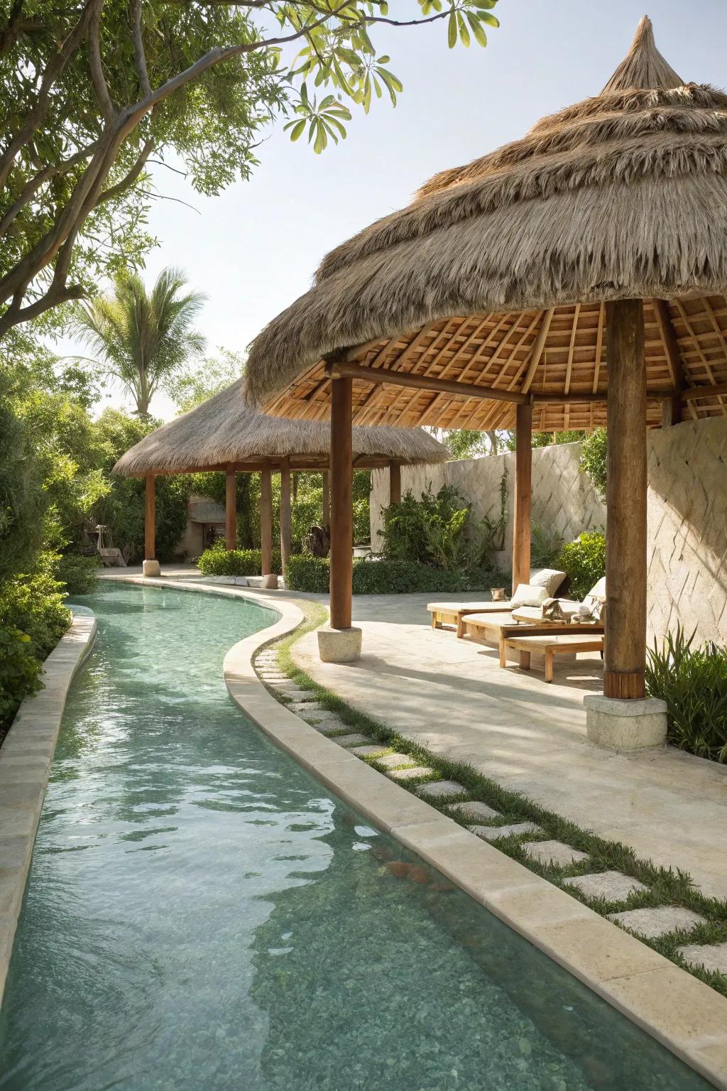 Thatch shade structures combine style and comfort, ideal for unwinding by the pool.