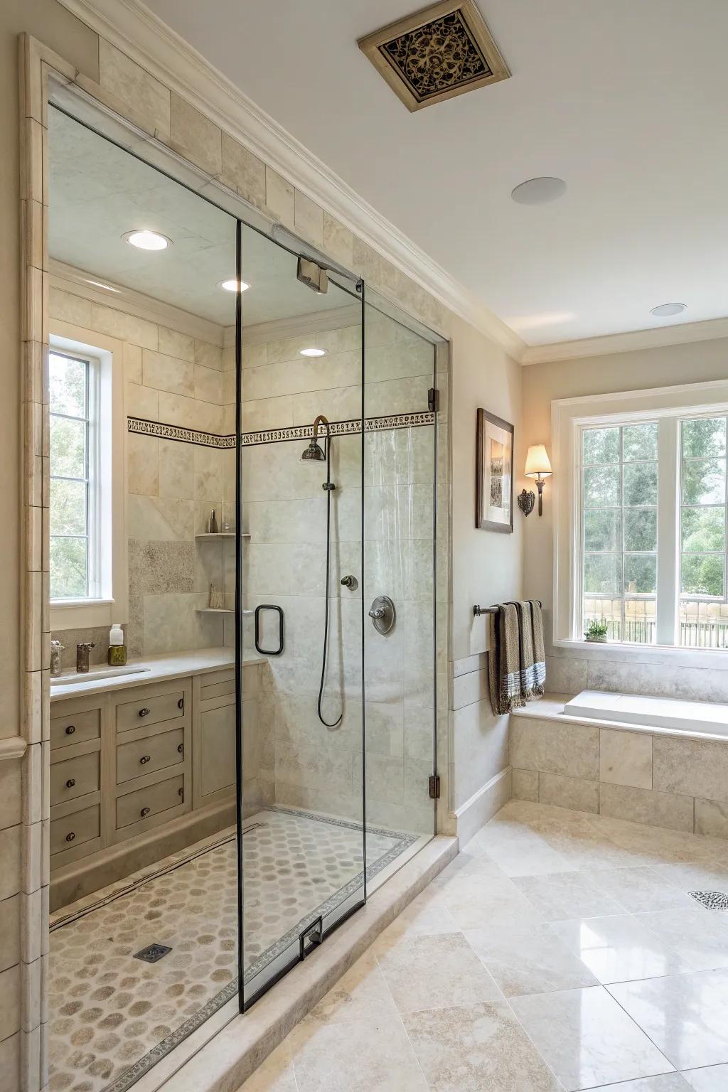 Understated shades establish a serene and enduring atmosphere in this walk-in shower.