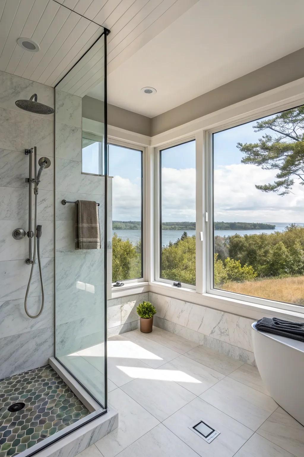 A corner window in a walk-in shower, presenting broad views and light from dual directions.