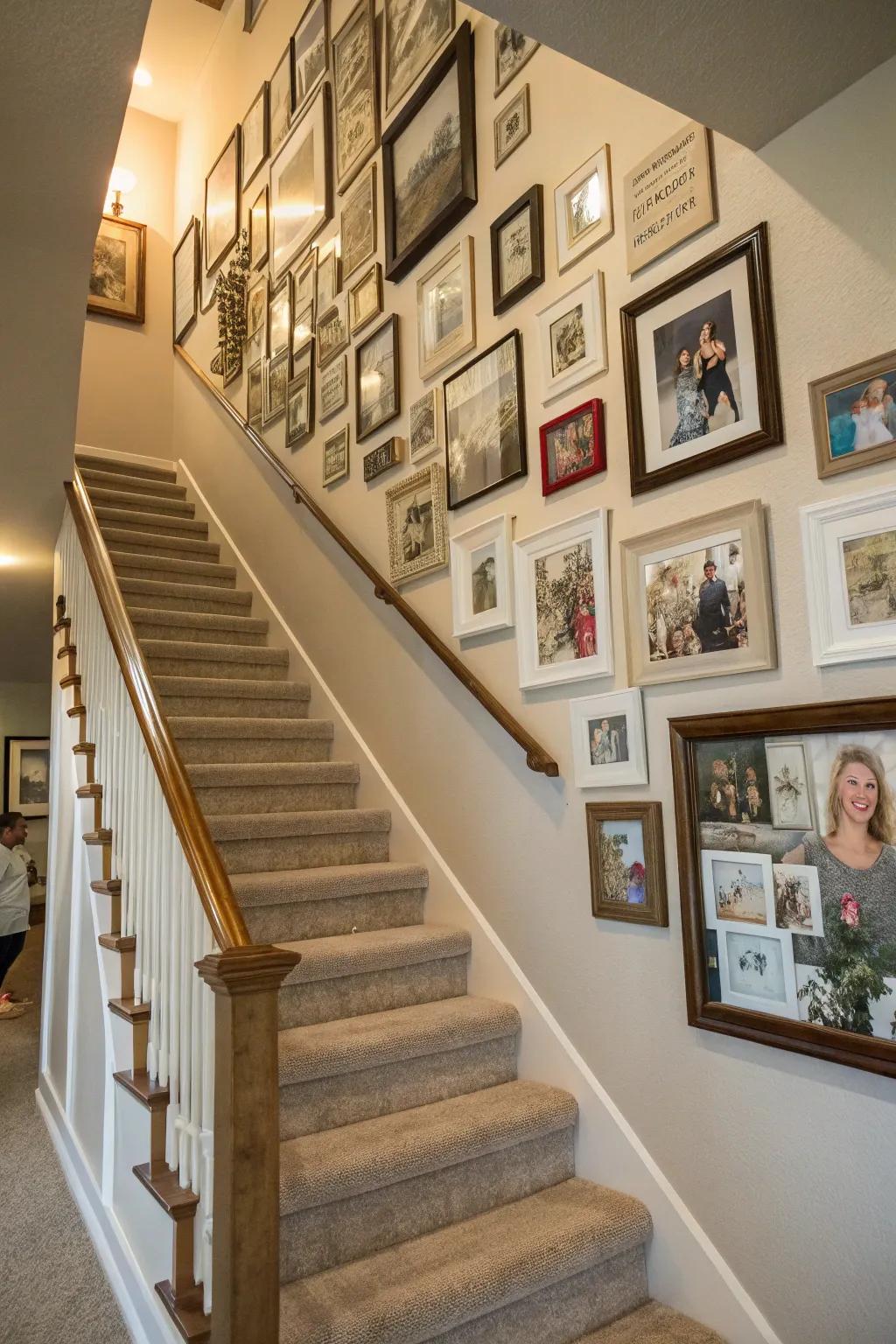 A photo collage transforms your stairway into a captivating storybook of cherished moments.