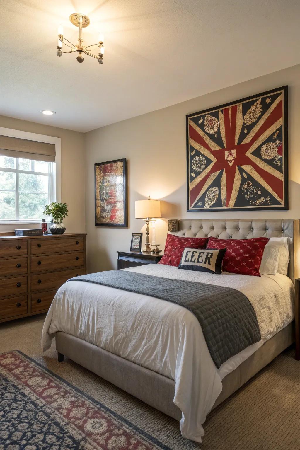 Large-scale art creates a dramatic focal point in your bedroom.