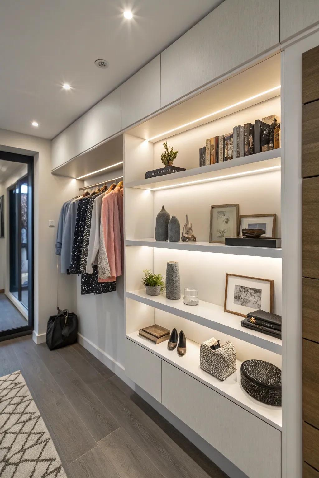 Floating shelves add a modern touch to wall closets.