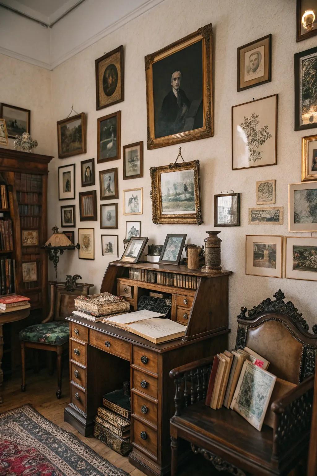 Classic elegance with a nostalgic wall collage.