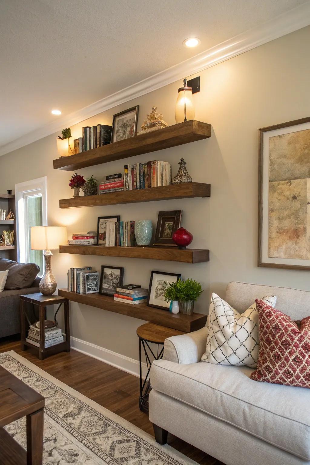 Floating shelves provide a versatile decorating solution.