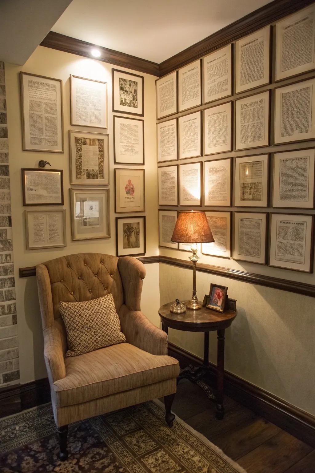 Framed book pages contribute literary charm to your decor.