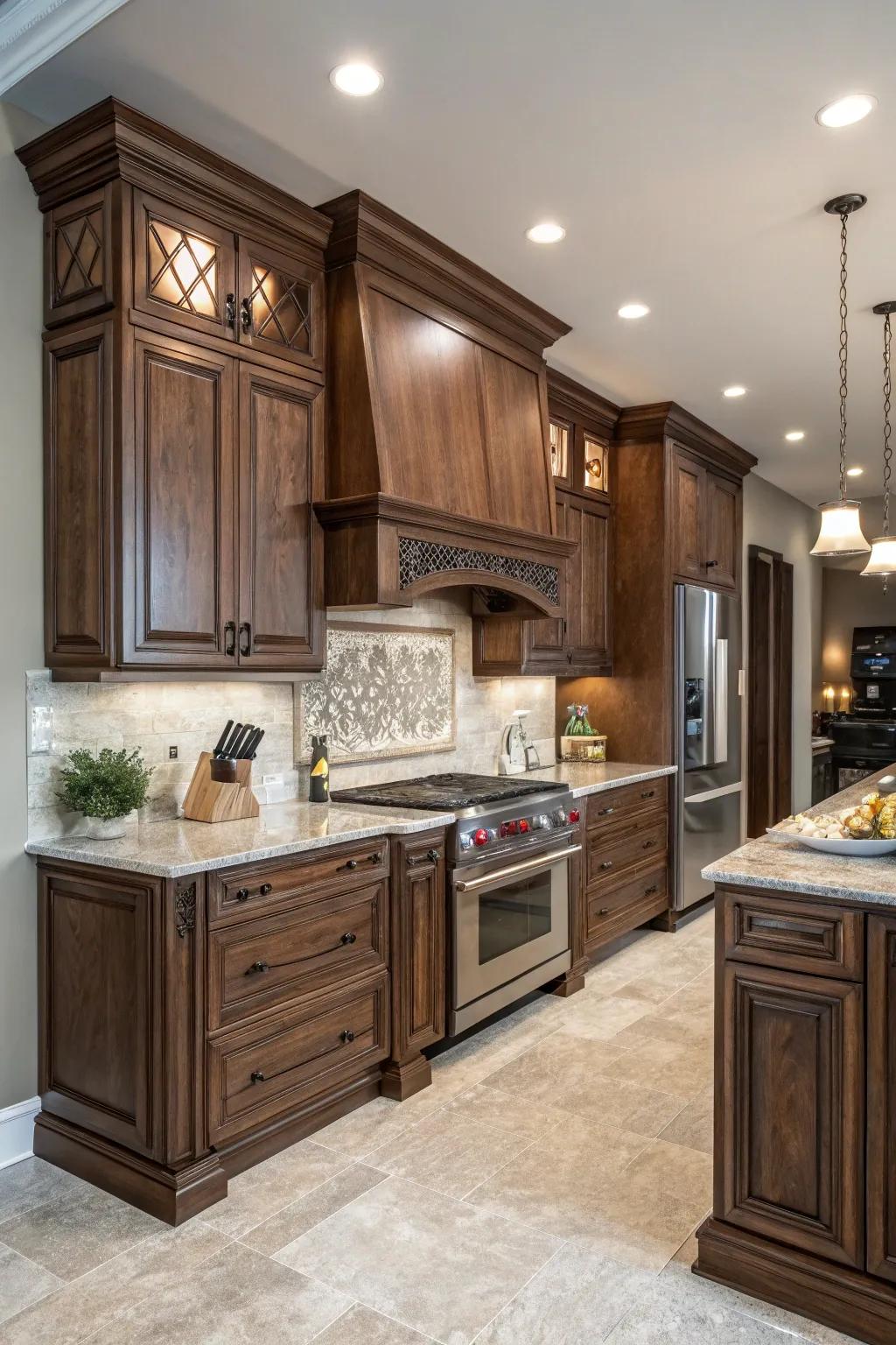 Walnut cabinets can serve as a dramatic kitchen focal point.