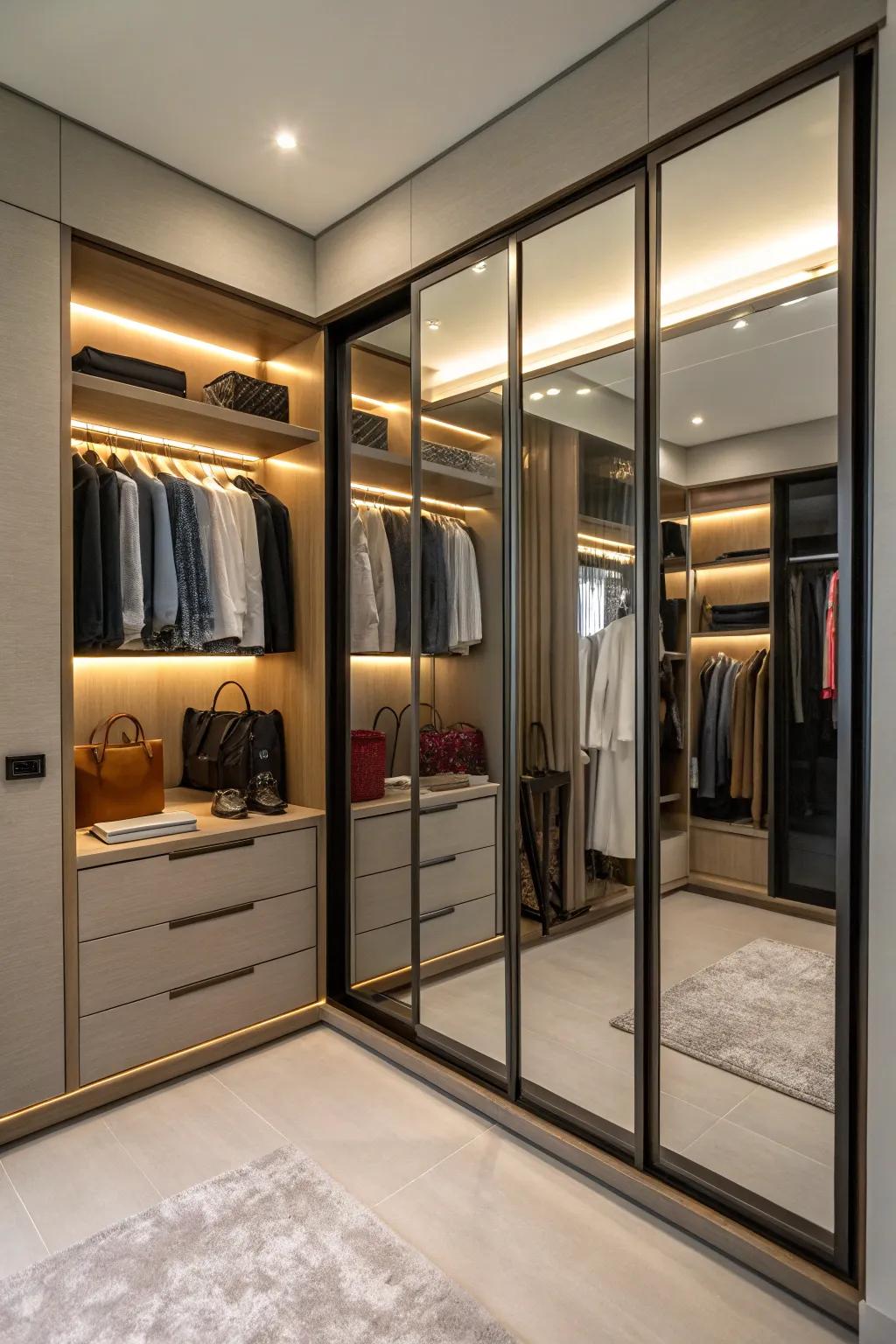 Reflective doors contribute both magnitude and practicality to your closet.