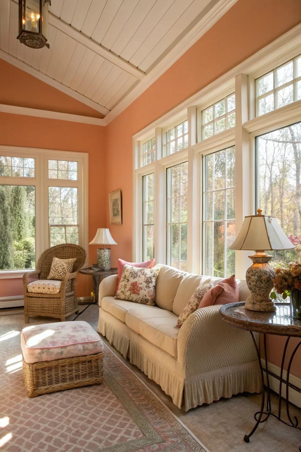 Sunroom with gentle apricot walls, presenting subtle warmth and comfort.