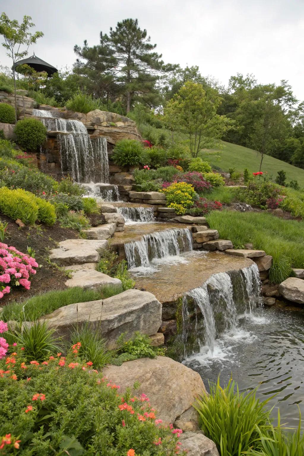 A sloped cascade imparts lively intrigue to your garden.