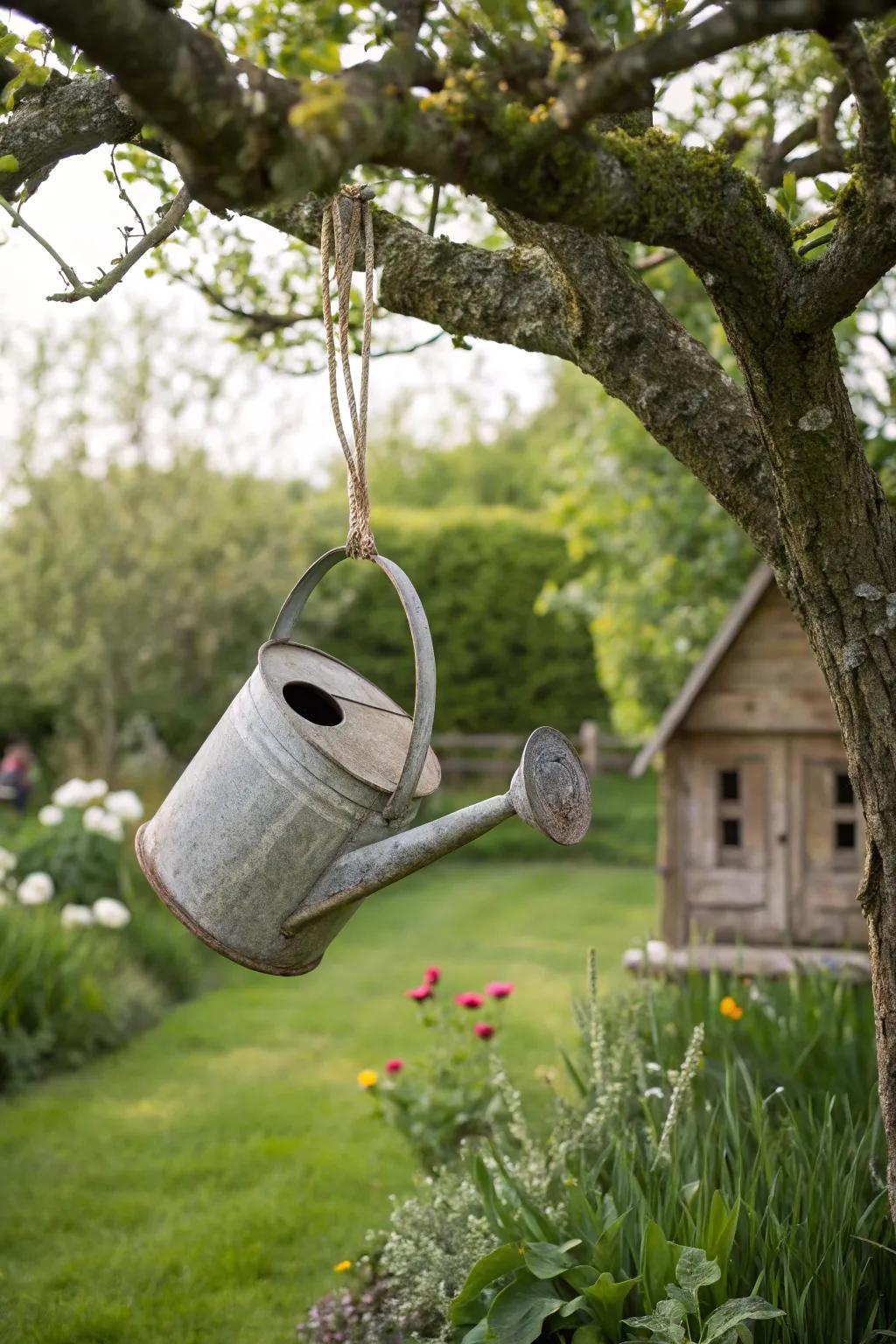 A charming dwelling crafted from a watering can.