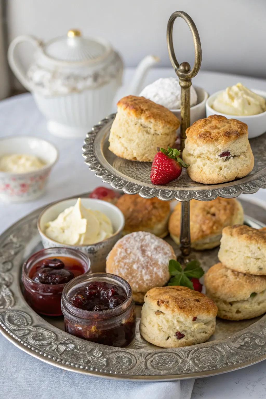 A variety of scones paired with jams and clotted cream to provide a cozy touch.