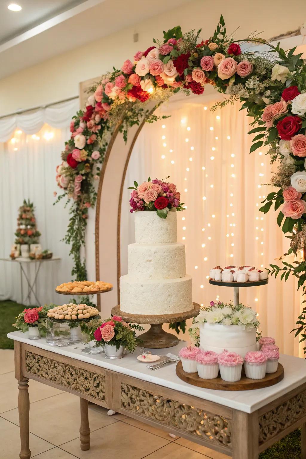 A themed setting wonderfully framing the wedding cake display.