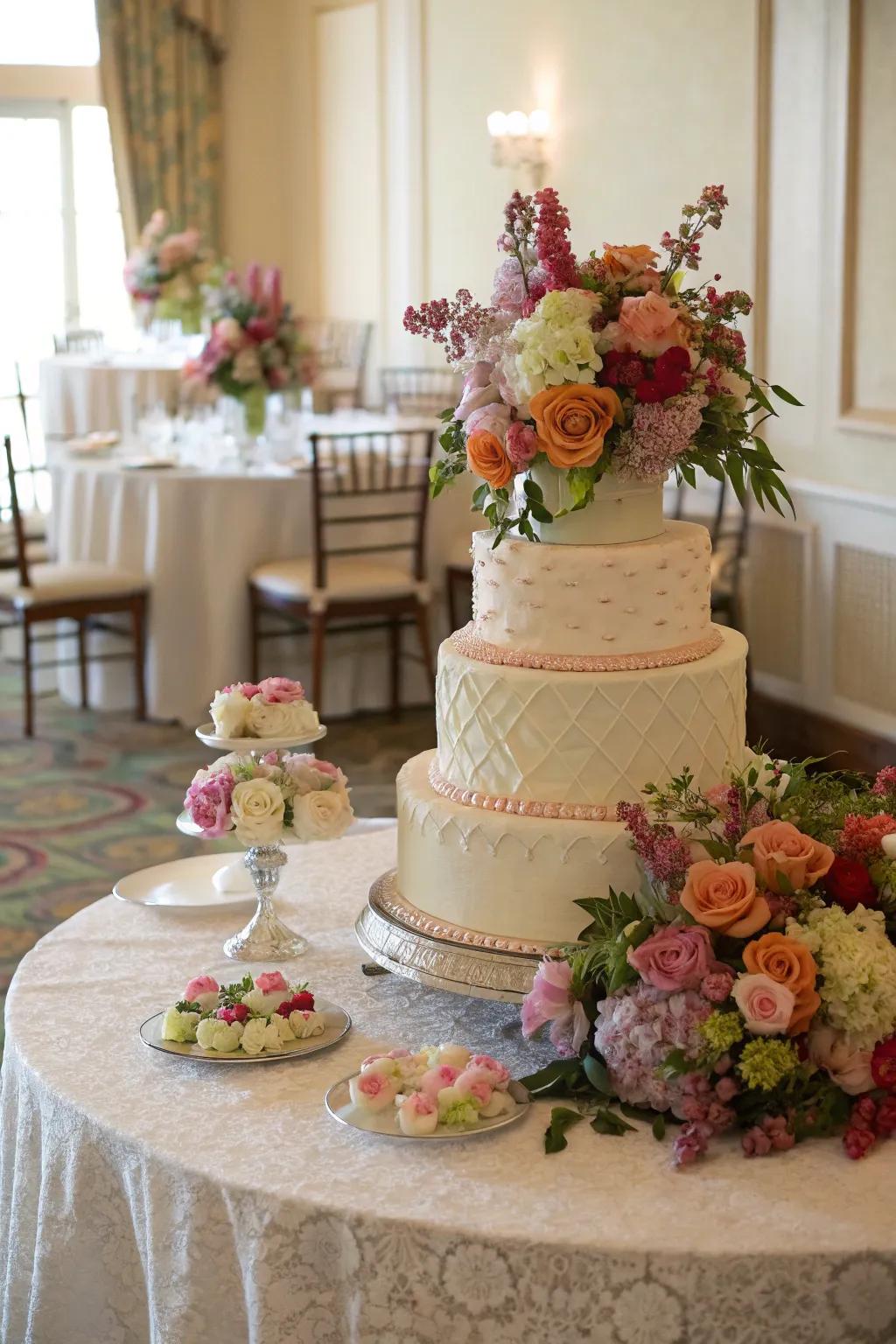 A wedding cake table embellished with fantastical flower arrangements.