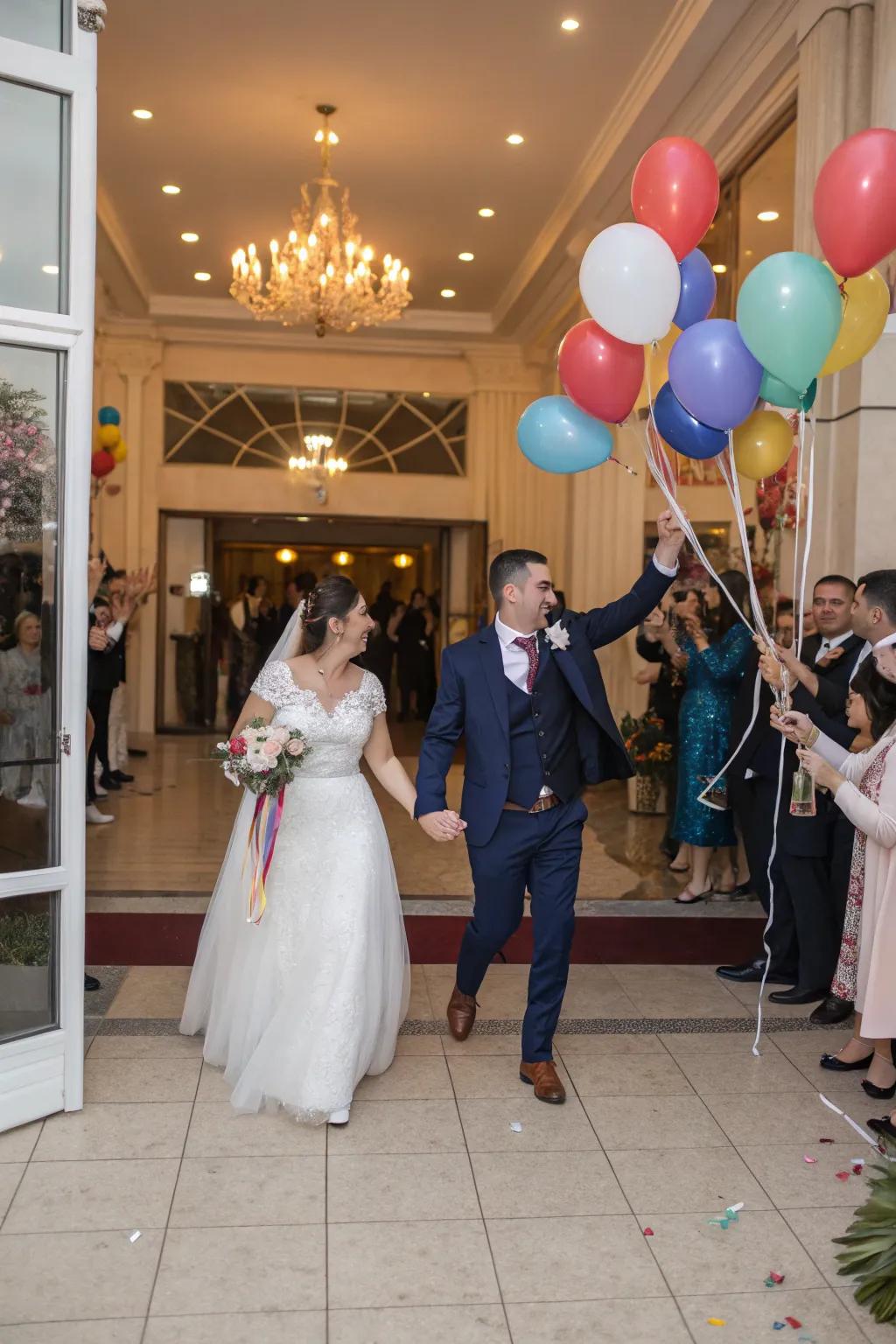 A colorful balloon release marks the couple's joyful entrance.