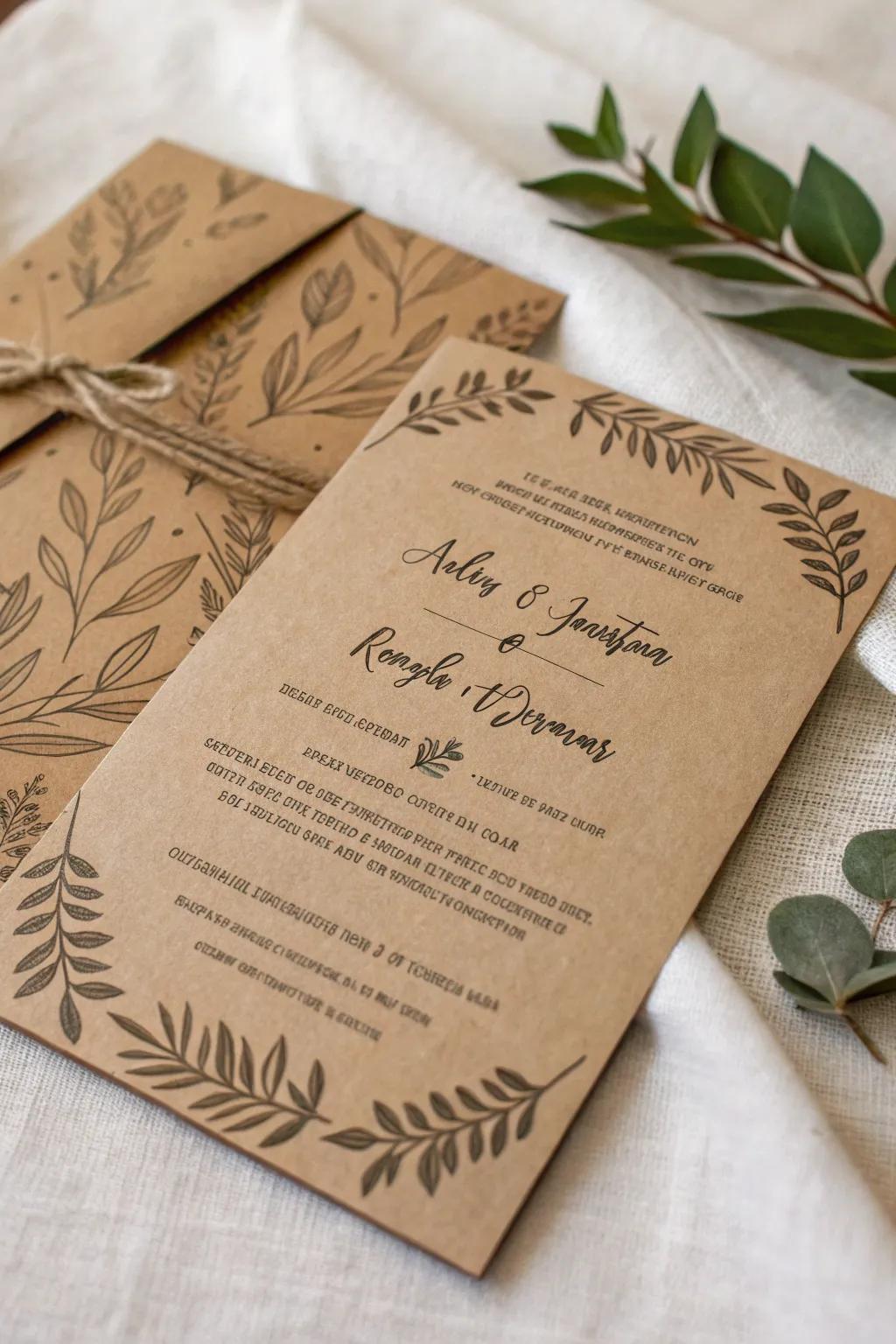 Country invitation on paper bag-colored paper with leaf motifs.