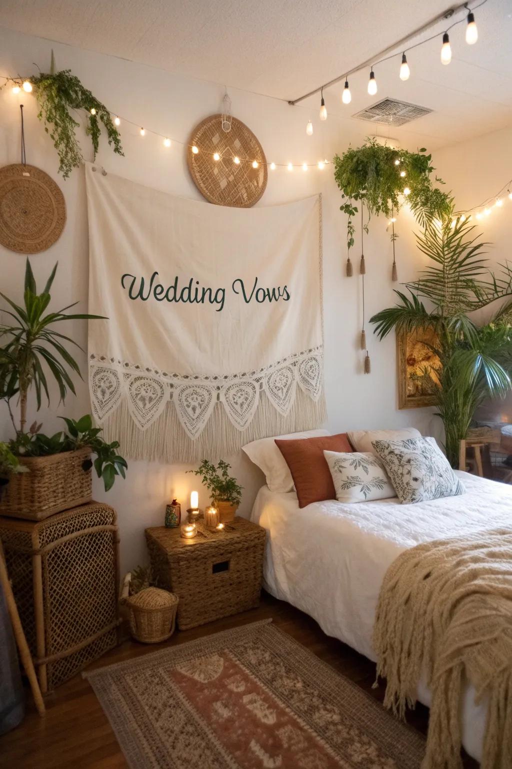 Bohemian cloth of vows creating a stunning guest room statement.