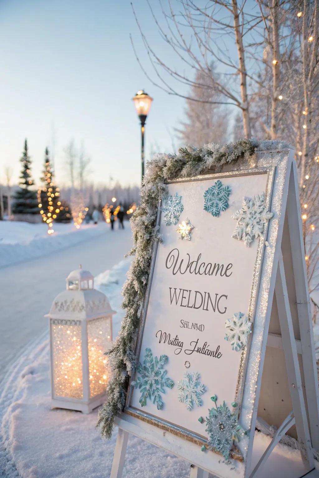 A theme-based welcome board featuring snowflakes and glitter accents, ideal for a winter wedding.