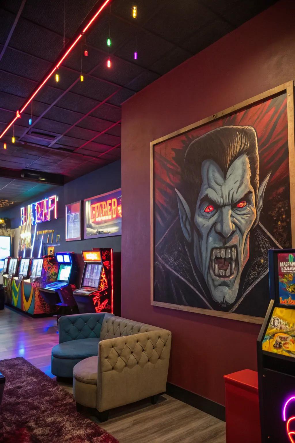 A grotesque visage painting that adds a striking touch to a vibrant recreational room.