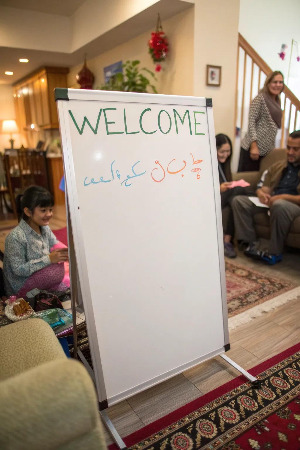 A multicultural welcome message shown on a board.