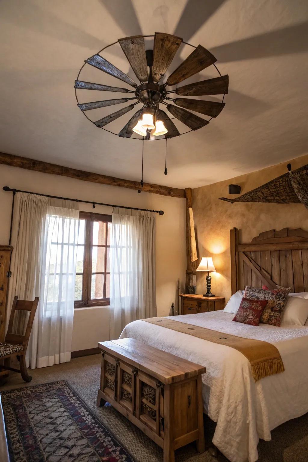 A windmill ceiling fan provides unique country-style charm.