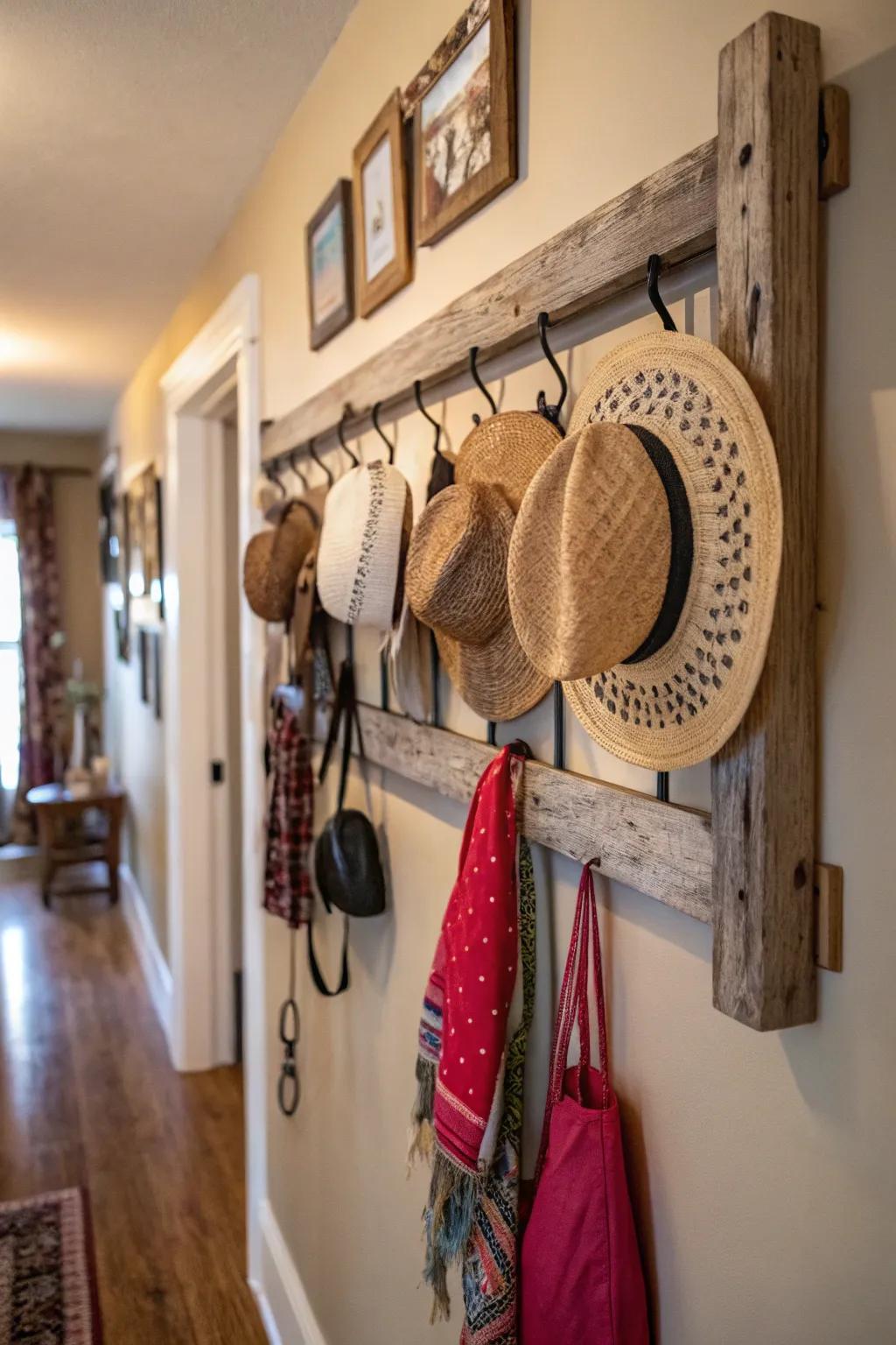 Humble timber hat rack displaying a stash of hats.