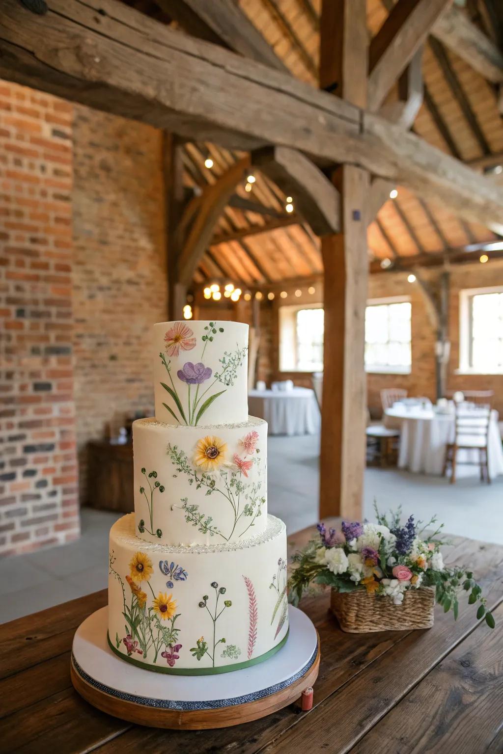 Cake exhibiting elaborate hand-painted wildflowers.
