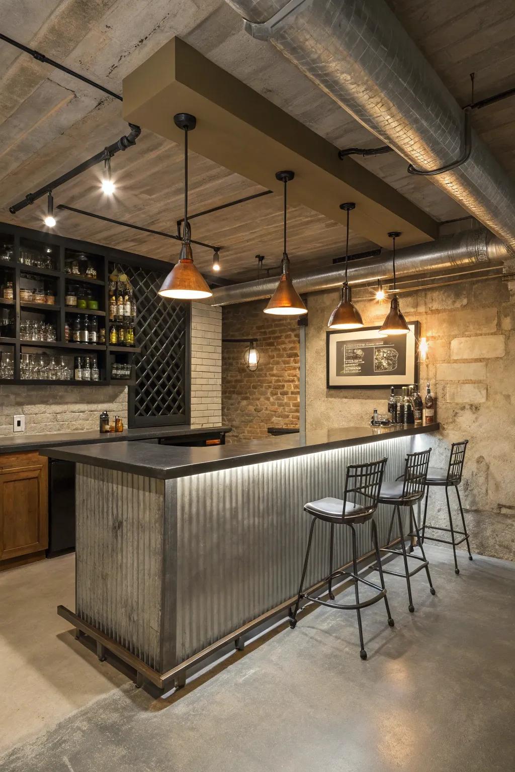 Metal accents can provide an industrial edge to your basement wet bar.