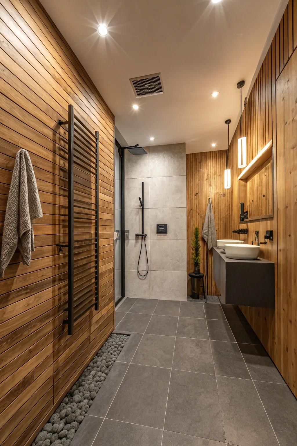 Wood paneling introduces a cozy, Nordic flair to the wet room.