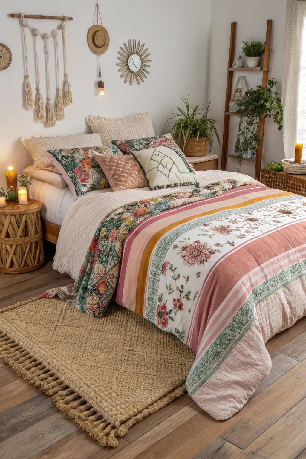 Boho bedroom featuring layered bedding.