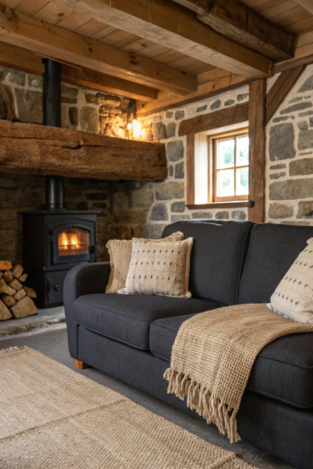 Burlap pillows bring rustic charm to the dark grey couch.