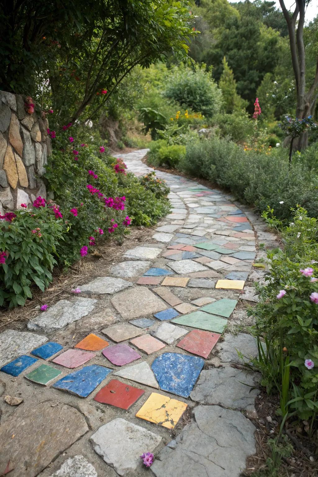 Tile segments introduce an unexpected burst of color amid flagstones.