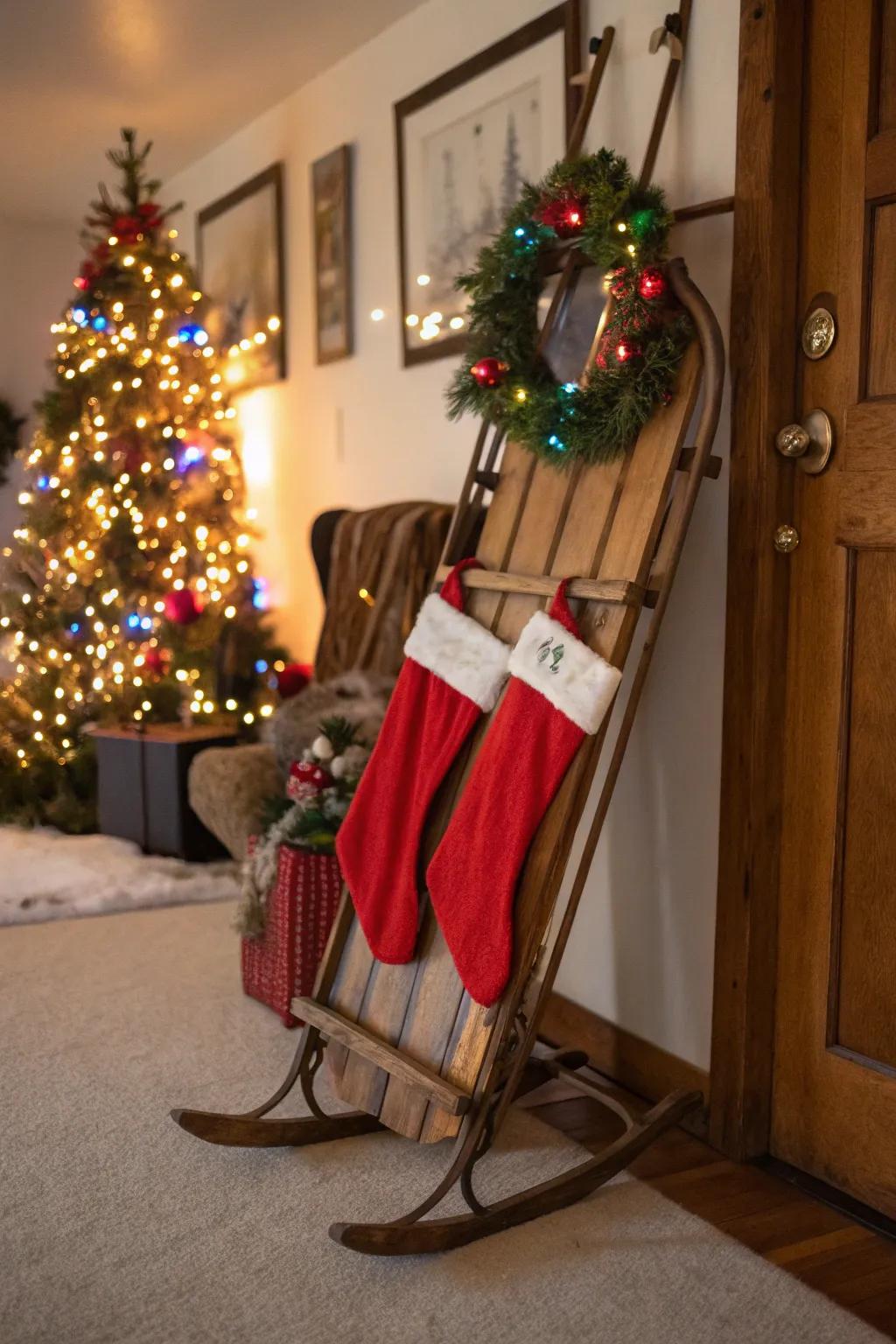 A vintage sled creates a playful accent for stocking displays.