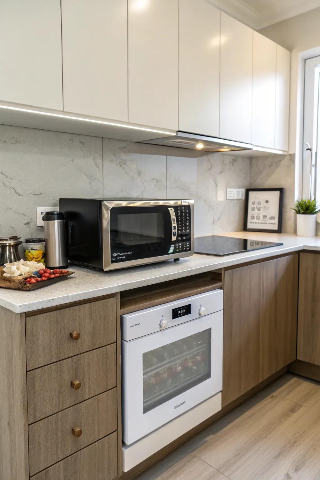 A corner countertop microwave enhances area without crowding your cooking area.