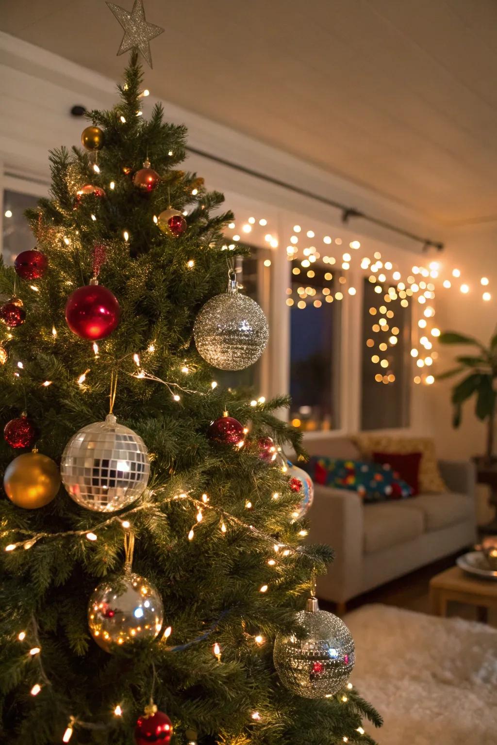 Disco ball accents adding sparkle and playfulness