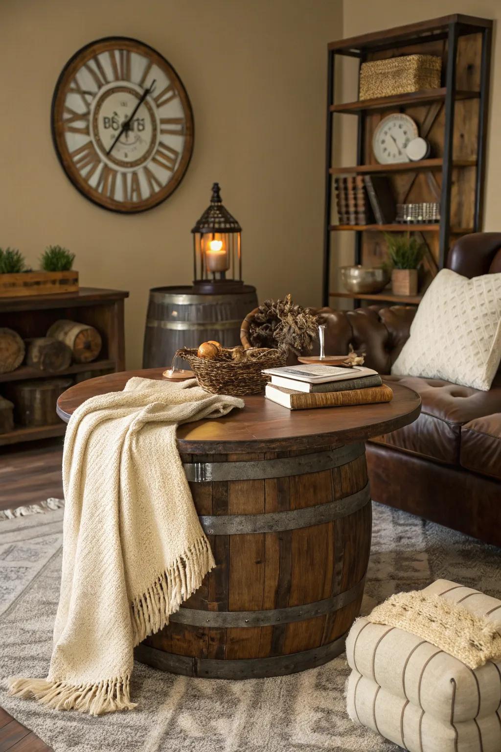 Add a country touch to your living room with a distiller's barrel coffee table that feels charming.