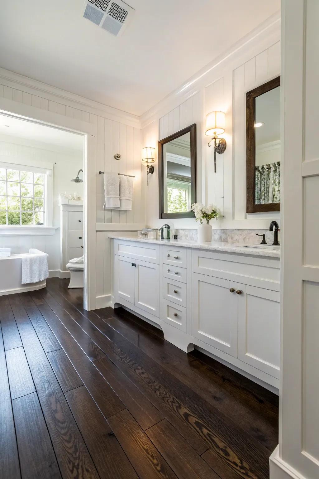 Dark floor offers an anchoring contrast in this white bathroom.