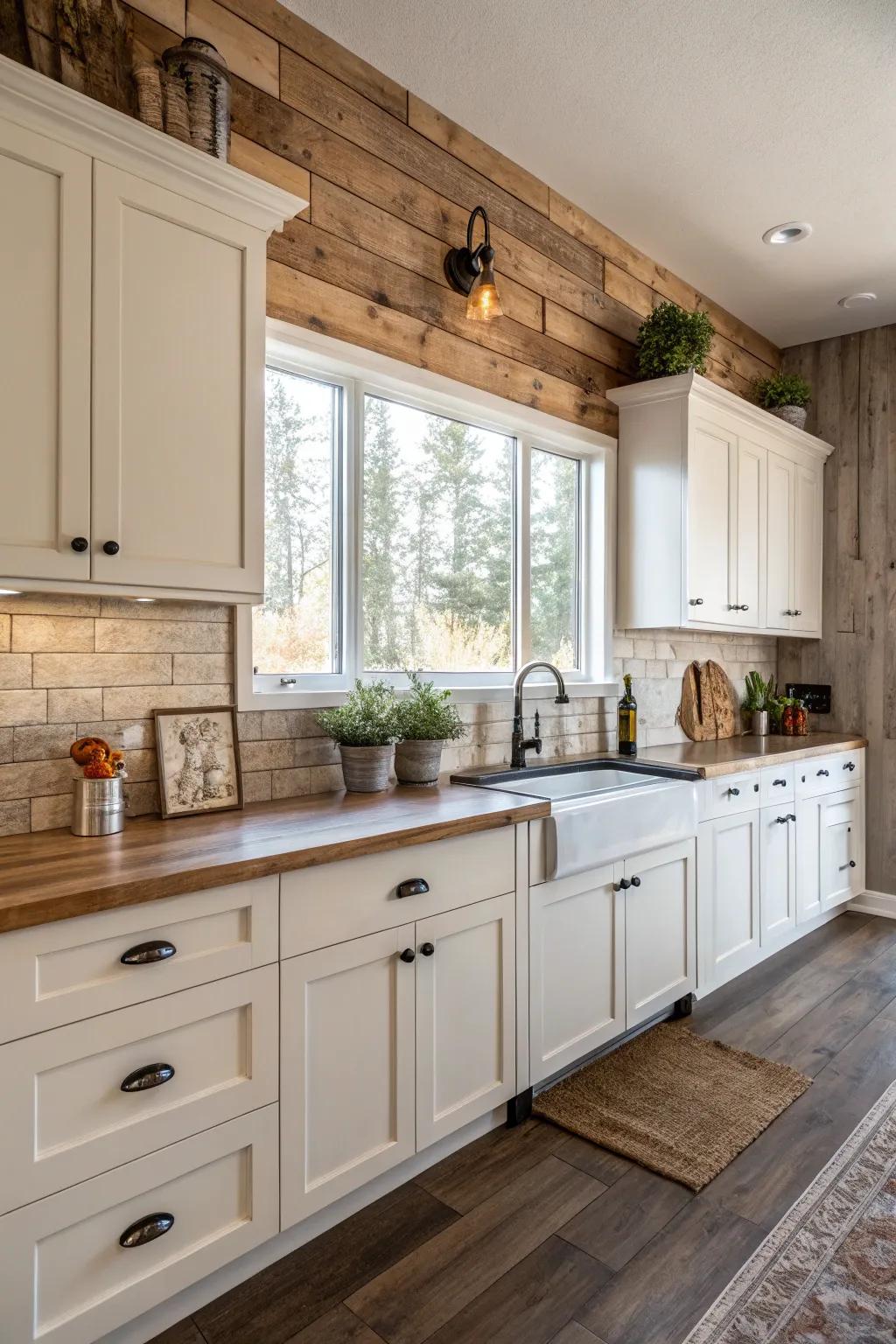 Timber-style tiles adding a natural warmth to white cabinets.