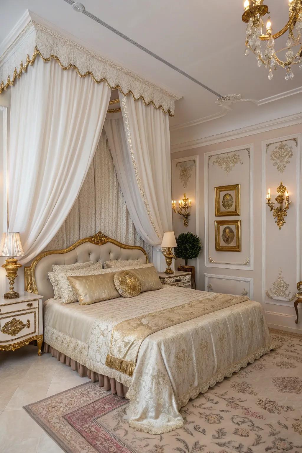 Ivory velvet drapes add a luxurious element to this bedroom.