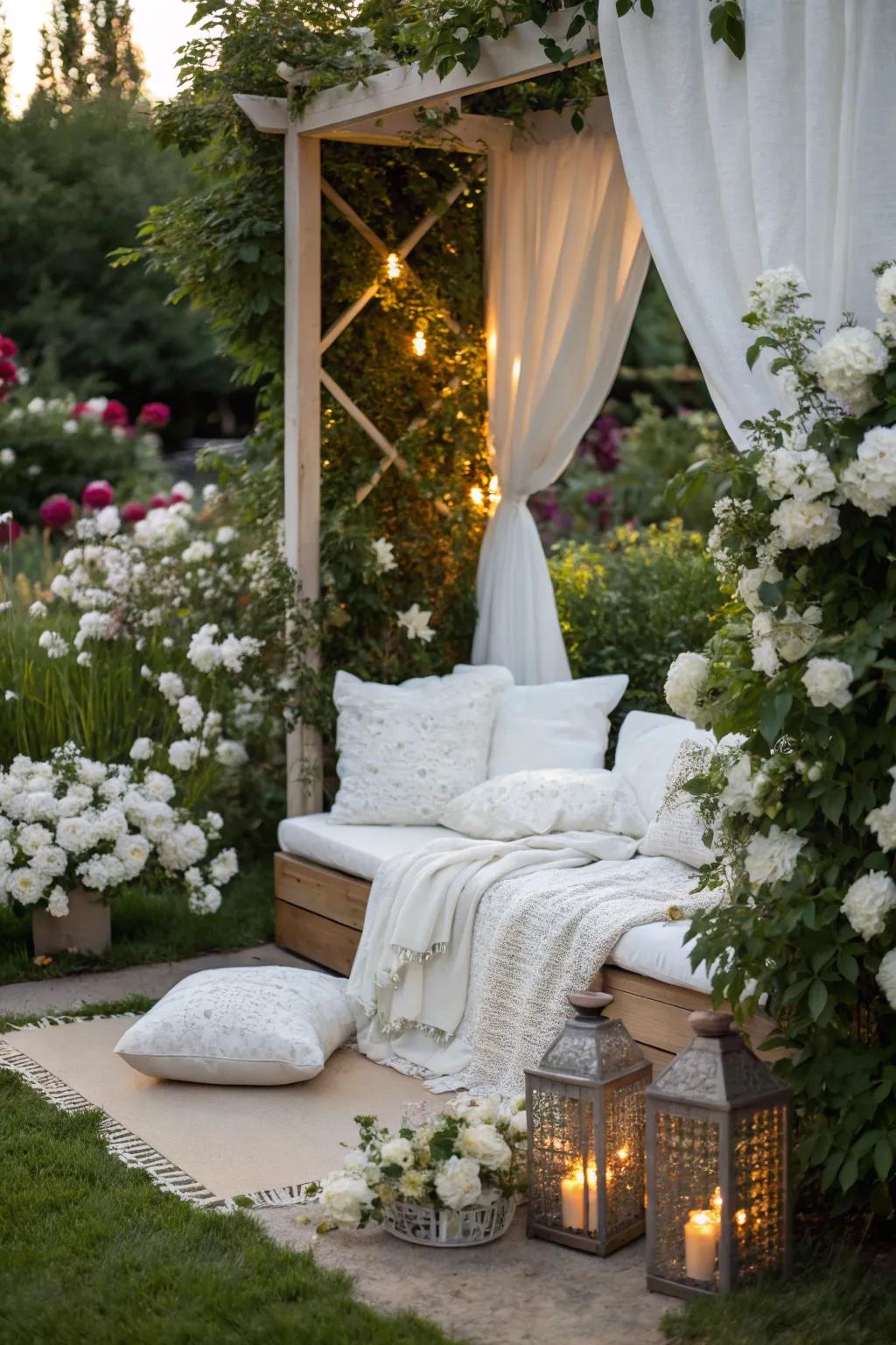 A serene garden nook with alabaster décor encourages relaxation.
