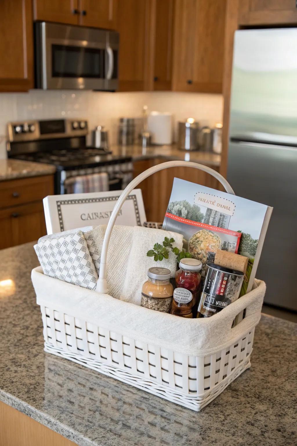 A kitchen connoisseur's white gift basket, curated for cooking enthusiasts and flavor explorers.