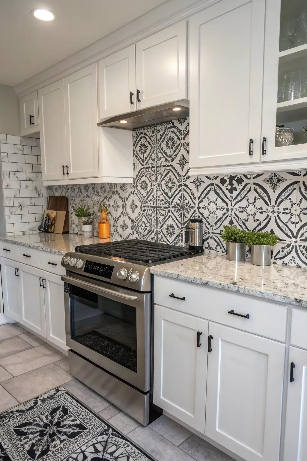 A bold assertion utilizing black-and-white styles which contrast the white ice granite.