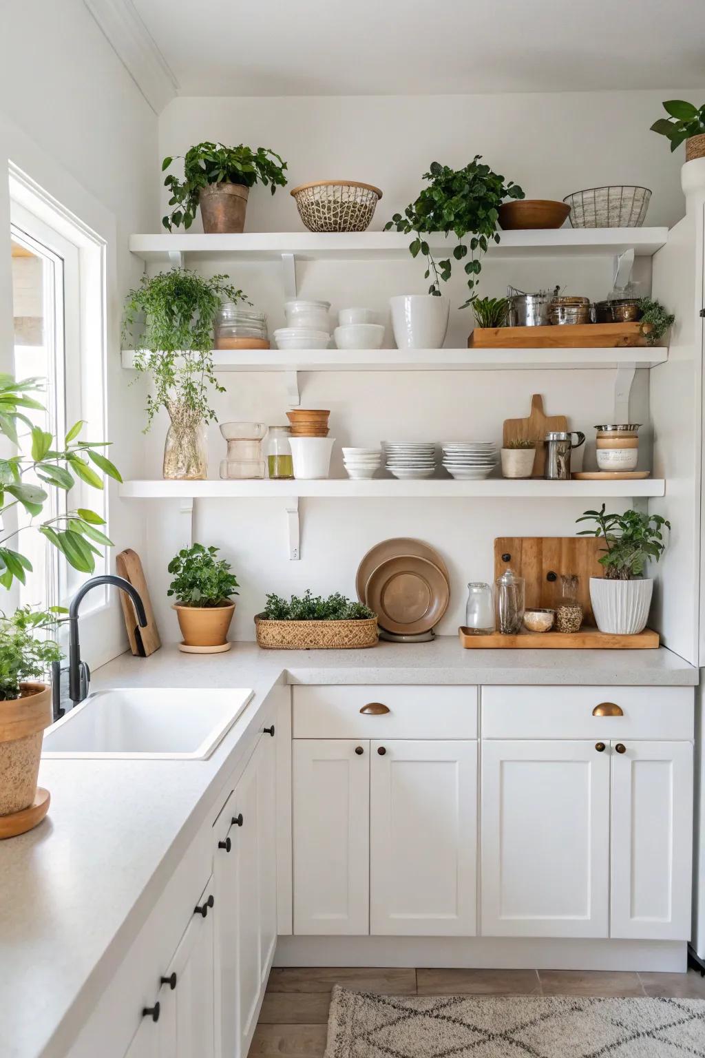 Open shelving enhances the white kitchen with a personal touch and displays kitchenware beautifully.