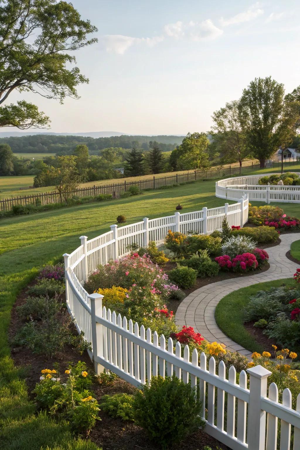 A curved white fence adds a graceful touch to your garden's design.
